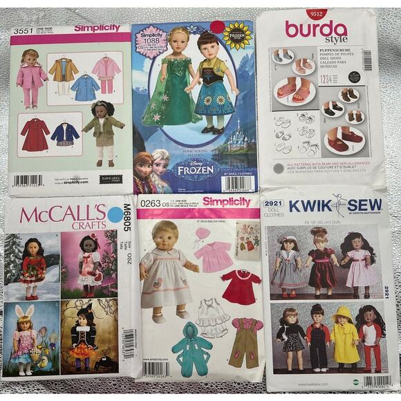 6 NEW Patterns 3 Simplicity & 3 McCall's 18" Doll Clothes & Accessories OS - Picture 1 of 3